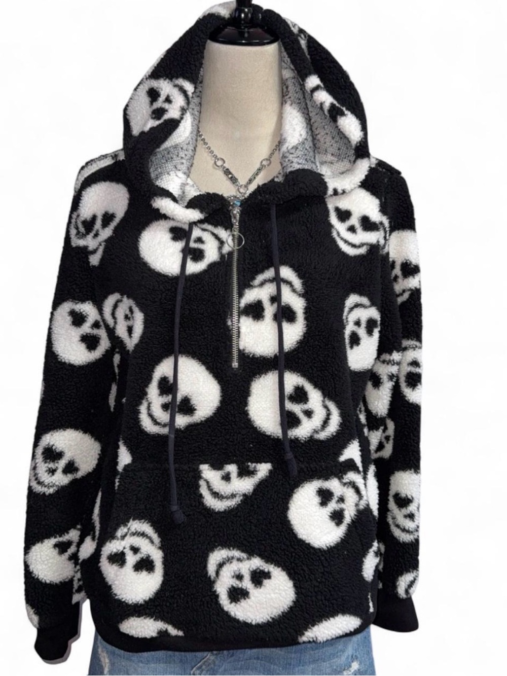 No Boundaries Black & White Skull Sherpa Pullover Hoodie